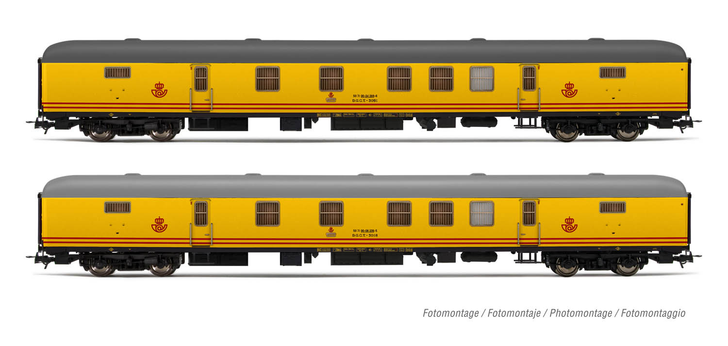 021-HE4014 - H0 - RENFE, 2-tlg. Set Postwagen DGDC-3000 in zitrongelber Lackierung, Ep. IV